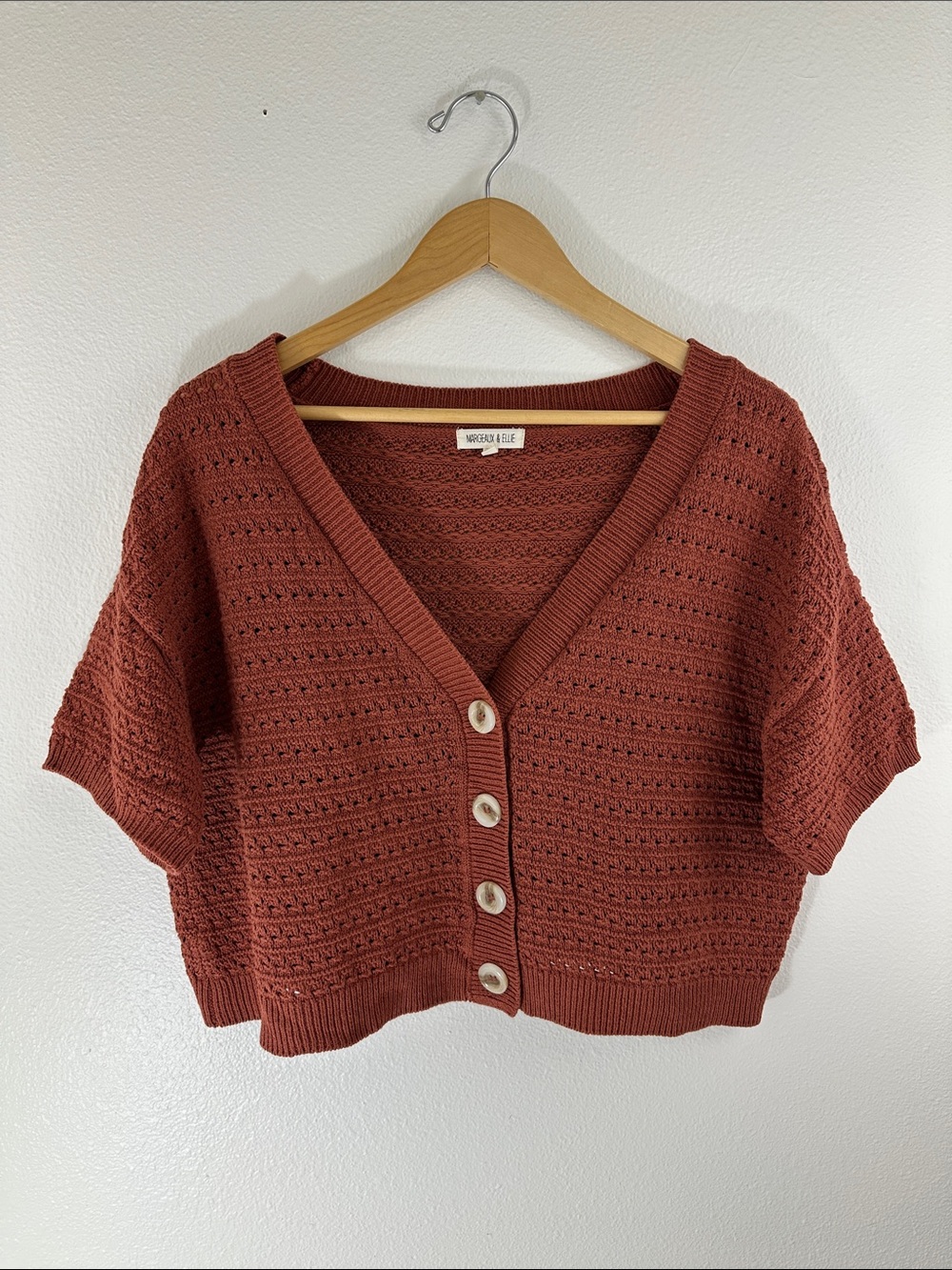 Rust Terracotta Cropped Knit Cardigan Short Sleeve Boho Cottagecore Medium